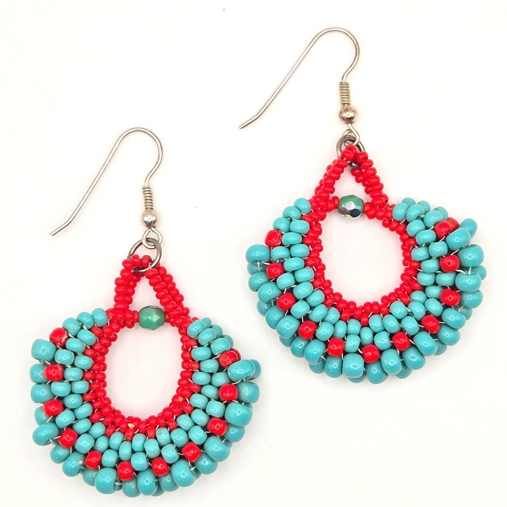Handmade Beaded Teardrop Hoop Earrings Turquoise Red Seed Bead Dangle 925 Hooks